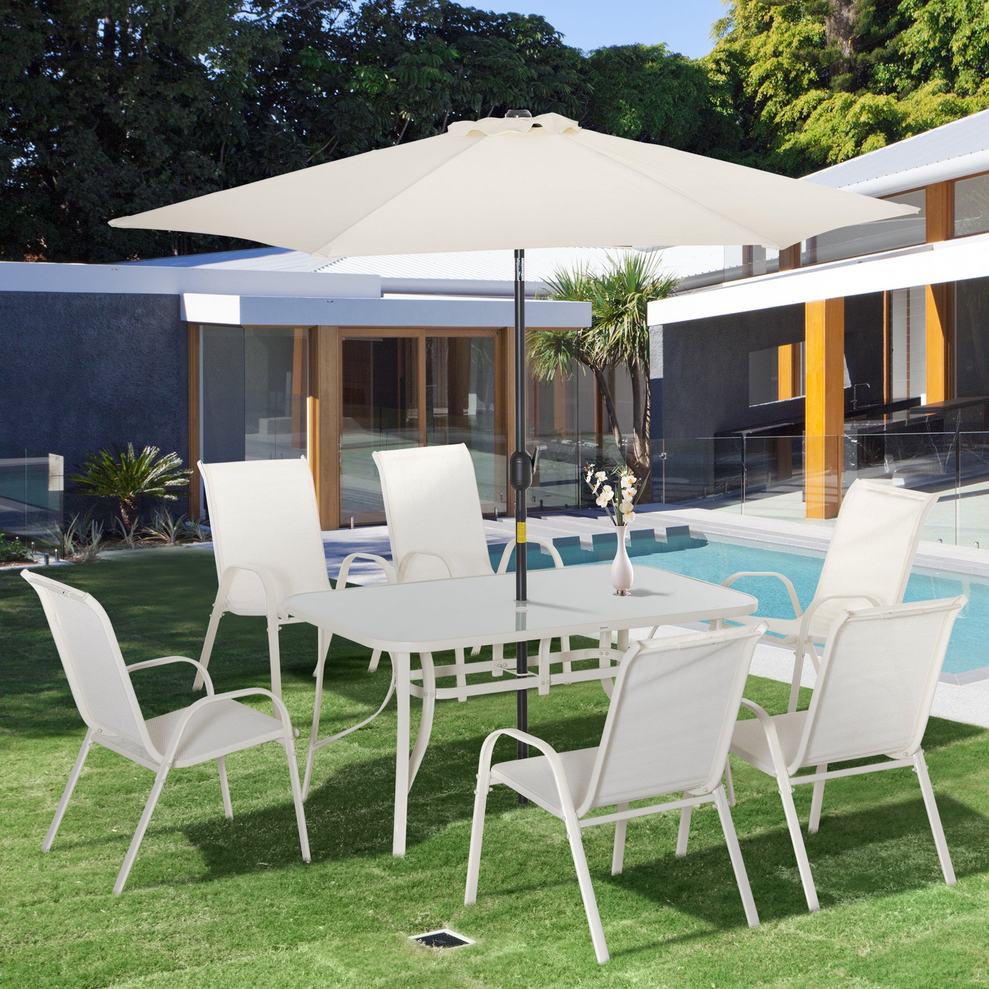 Aluminum Patio Dining Set with 6 Sling Chairs & Glass Table, Cream White Bistro Sets   at Gallery Canada