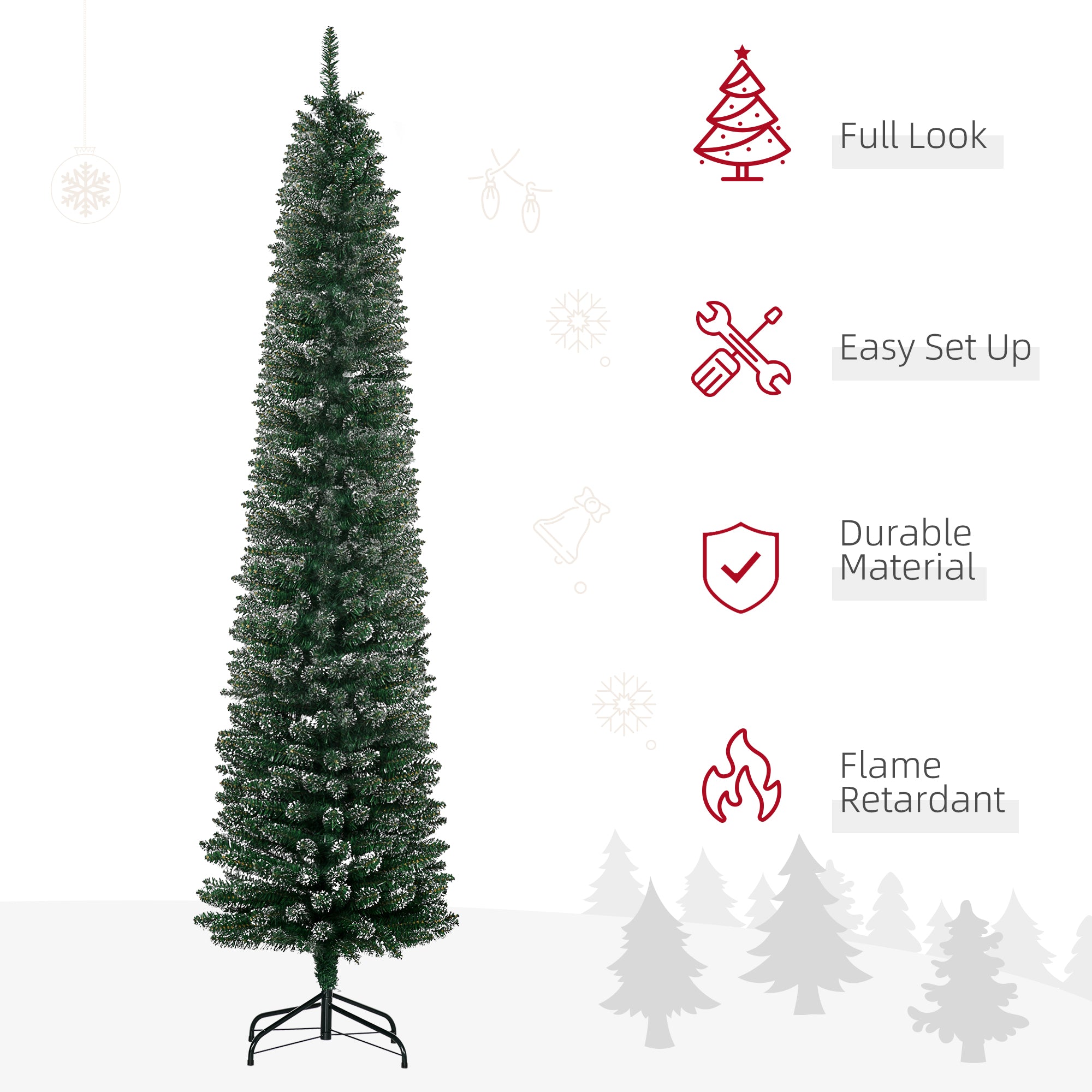 7.5FT Artificial Snow Dipped Christmas Tree Xmas Pencil Tree Holiday Home Indoor Decoration with Foldable Black Stand, Green Pencil Christmas Trees   at Gallery Canada