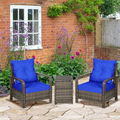 3 Pieces Patio Bistro Set with 2 Padded Chairs and 1 Storage Side Table, PE Rattan Garden Sofa Set with Removable Cushion Cover, Blue Bistro Sets   at Gallery Canada