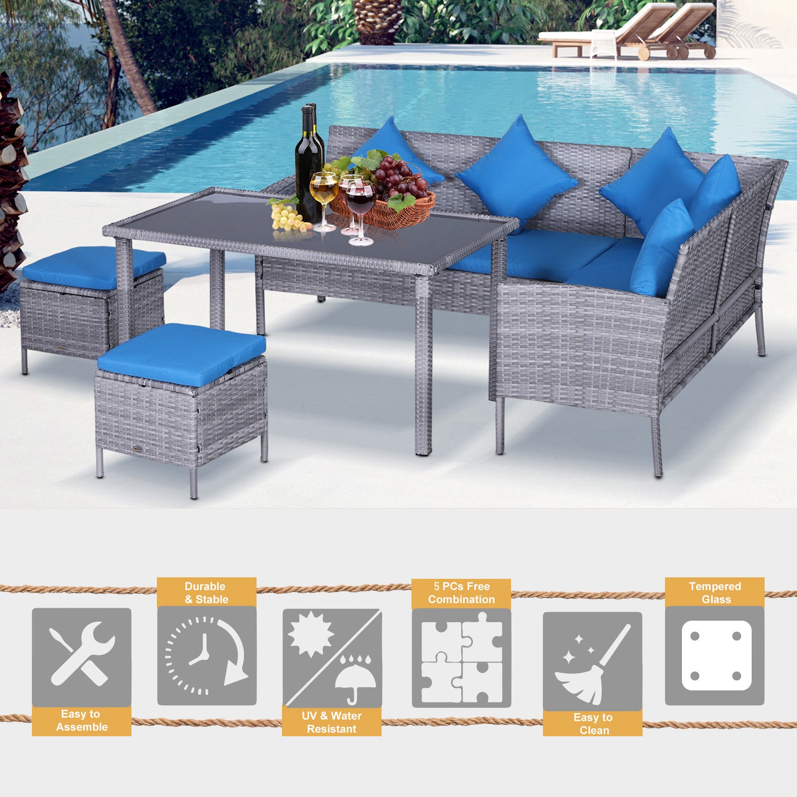 5 Pieces Wicker Patio Conversation Dining Furniture Set with Cushions, Table and Ottomans, Bright Blue Patio Furniture Sets   at Gallery Canada