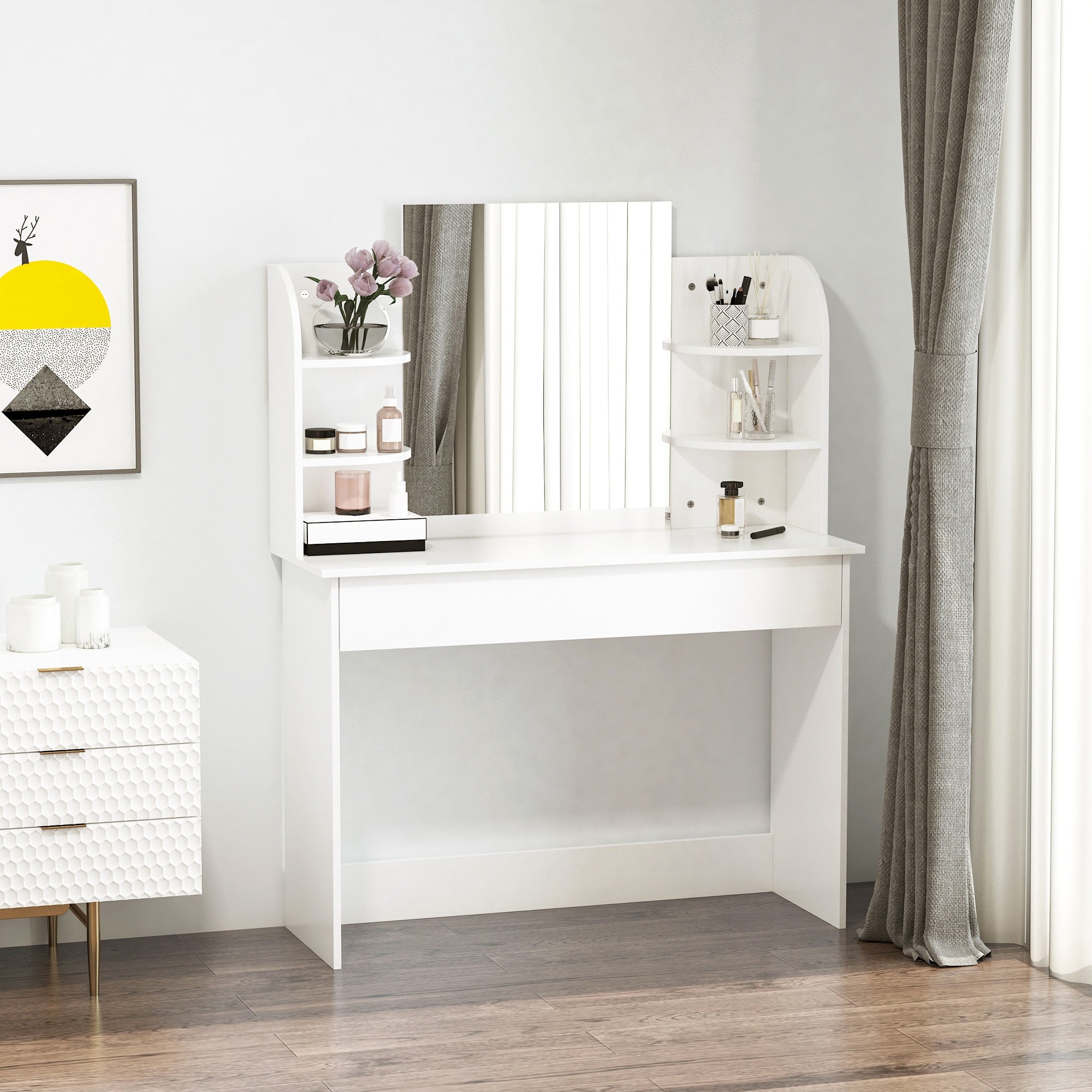 Vanity Table Wood Dressing Table w/ Makeup Mirror, Big Drawers, Open Shelf for Bedroom White Dressing & Vanity Tables   at Gallery Canada