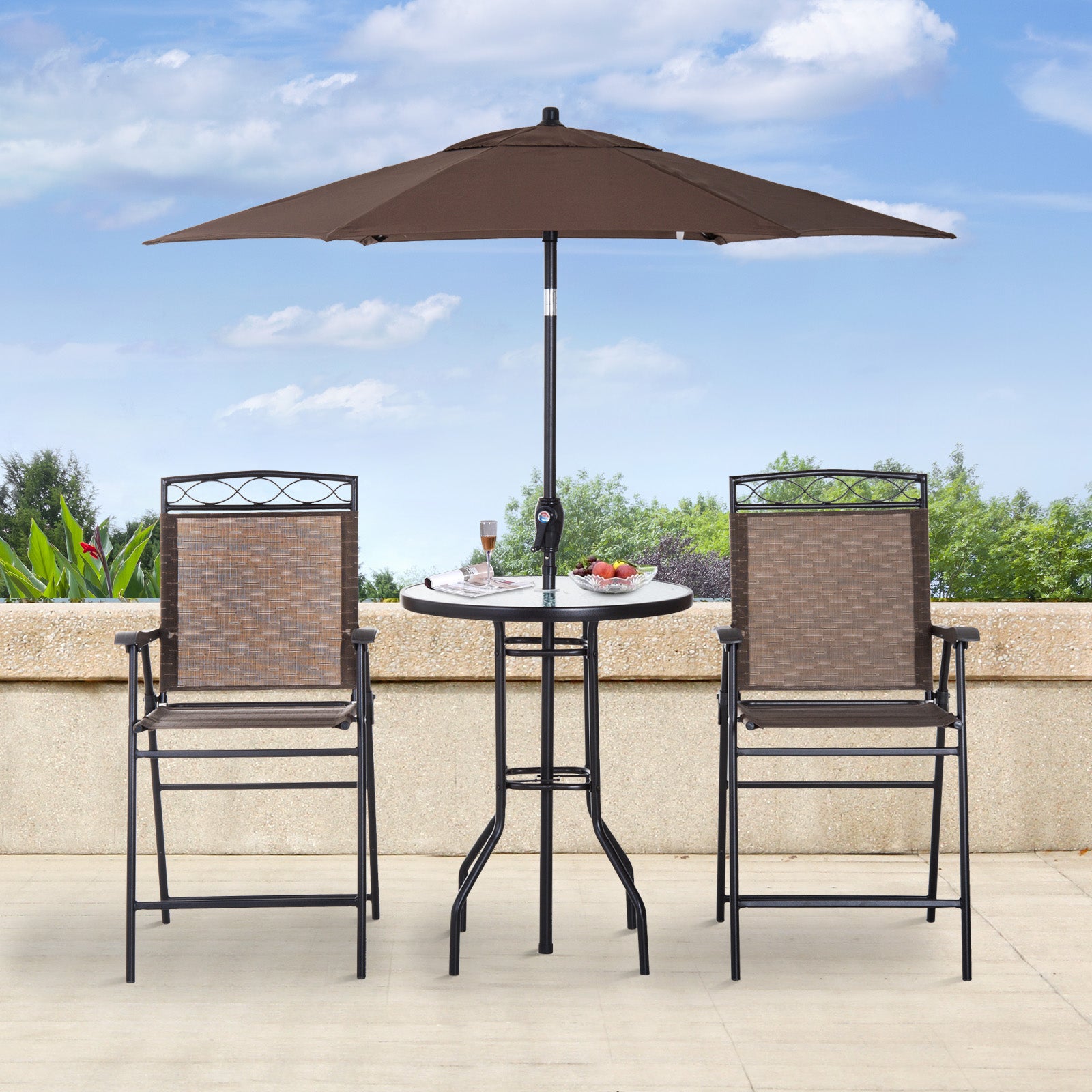 4 Piece Patio Bar Set, Sling Folding Outdoor Furniture with Umbrella for Poolside, Backyard and Garden, Brown Bistro Sets   at Gallery Canada