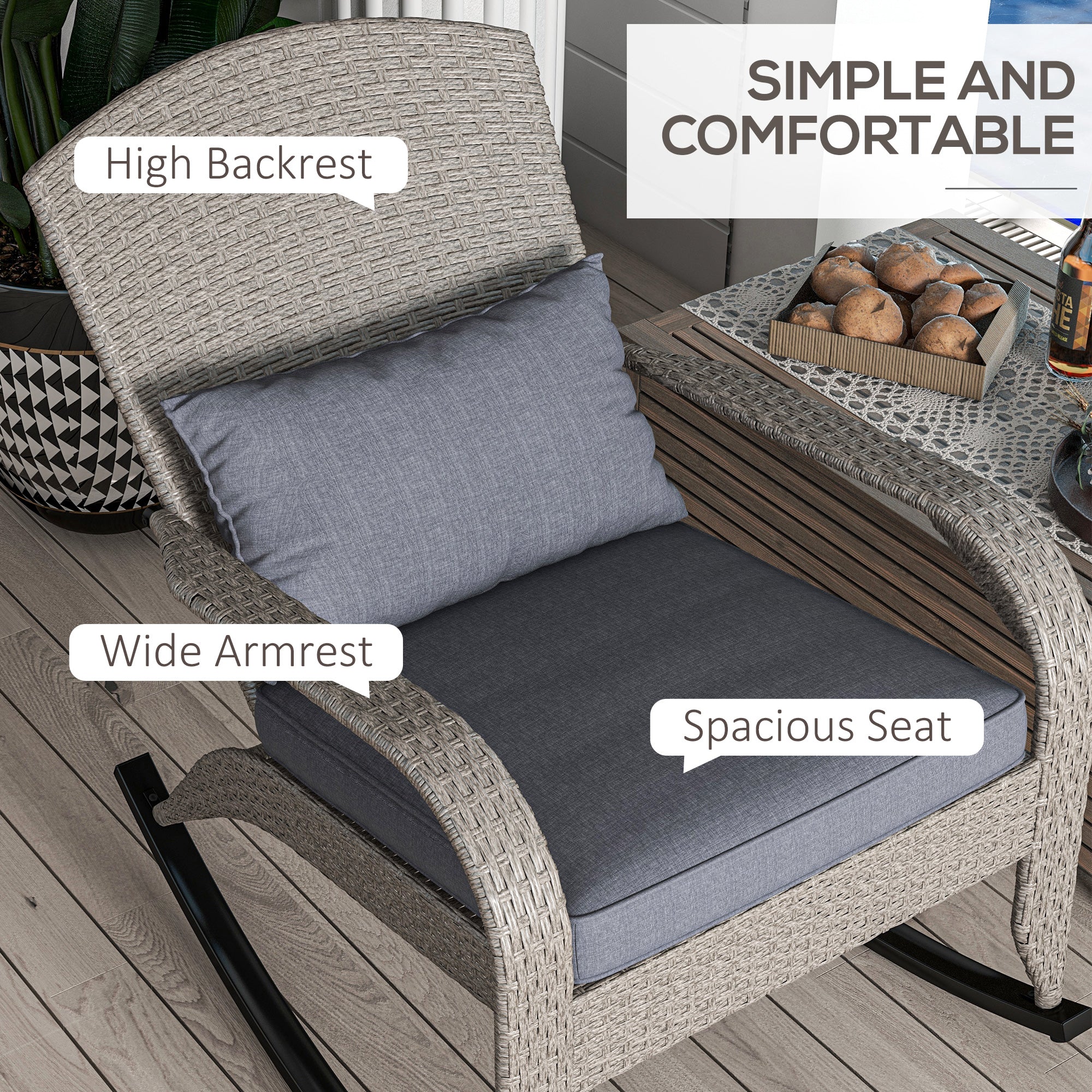 Adirondack Chair, Outdoor Wicker Rocking Chair with High Back, Seat Cushion and Pillow for Porch, Balcony, Grey Patio Chairs   at Gallery Canada