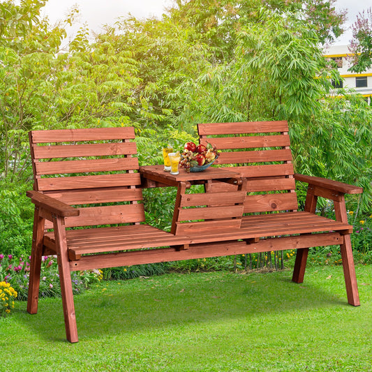 3-Seater Outdoor Bench with Convertible Middle Table, Garden Wooden Patio Loveseat with Middle Table for 2 Persons w/ Slatted Seat and Backrest, Armrests, Orange - Gallery Canada