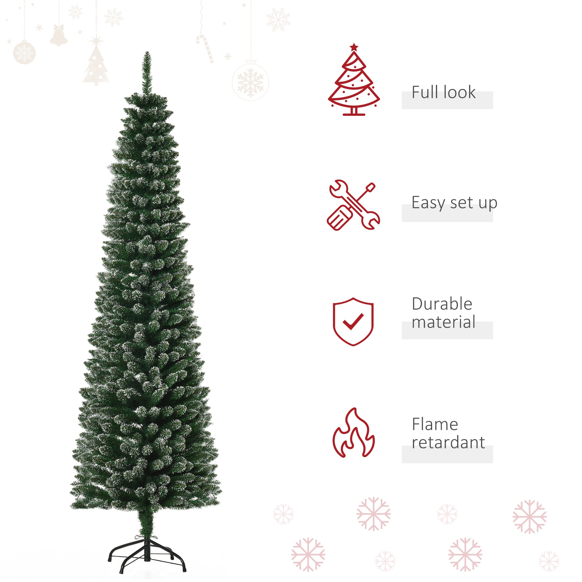 6FT Artificial Snow Dipped Christmas Tree Xmas Pencil Tree Holiday Home Indoor Decoration with Foldable Black Stand, Green Artificial Christmas Trees   at Gallery Canada