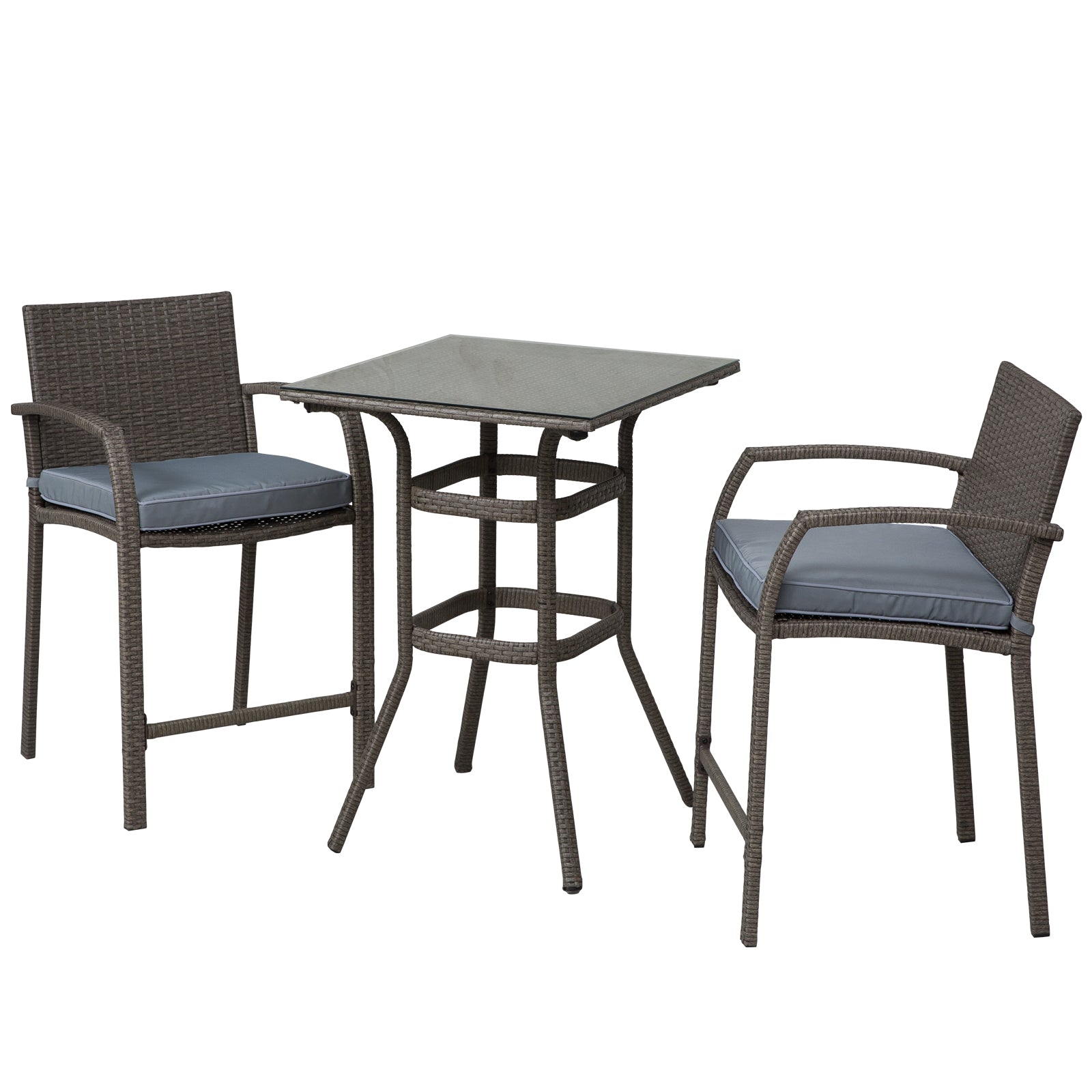 3 Pieces Patio Bar Set Wicker Garden Bistro Set Outdoor Furniture PE Rattan Table and Stools with Seat Cushion, Grey Bistro Sets Grey  at Gallery Canada