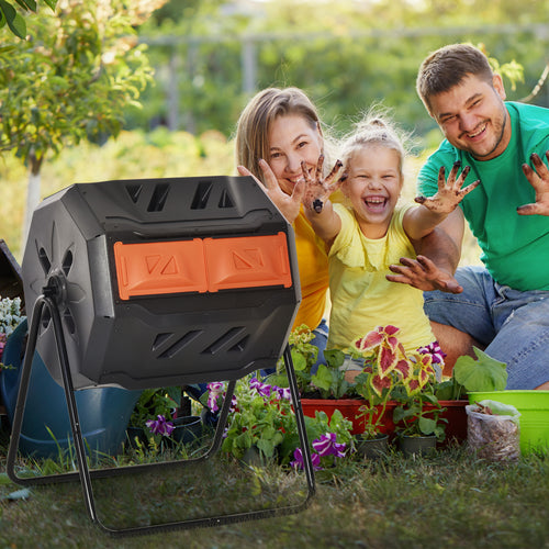 Tumbling Compost Bin Outdoor Dual Chamber 360° Rotating Composter 43 Gallon with Sliding Doors, Orange