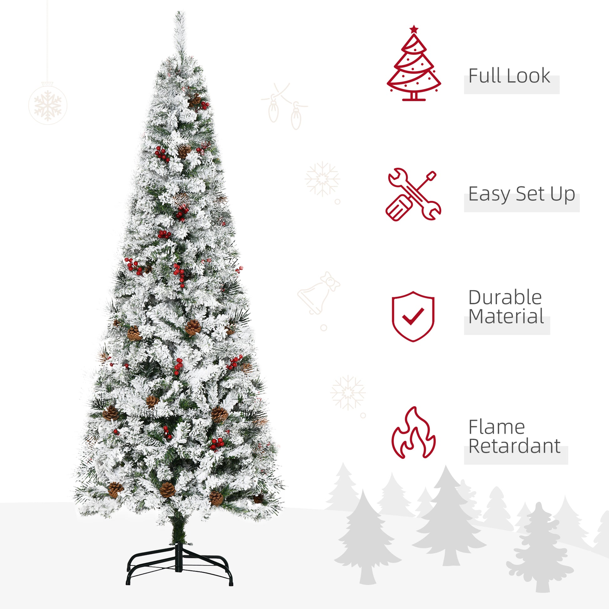 6 Foot Pencil Snow Flocked Artificial Christmas Tree with 600 Pine Realistic Branches, Pine Cones, Red Berries, Auto Open, Green Pencil Christmas Trees   at Gallery Canada