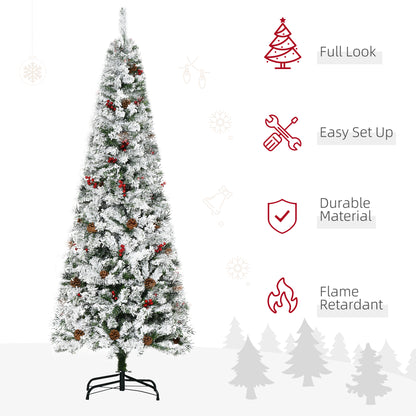 6 Foot Pencil Snow Flocked Artificial Christmas Tree with 600 Pine Realistic Branches, Pine Cones, Red Berries, Auto Open, Green Pencil Christmas Trees   at Gallery Canada