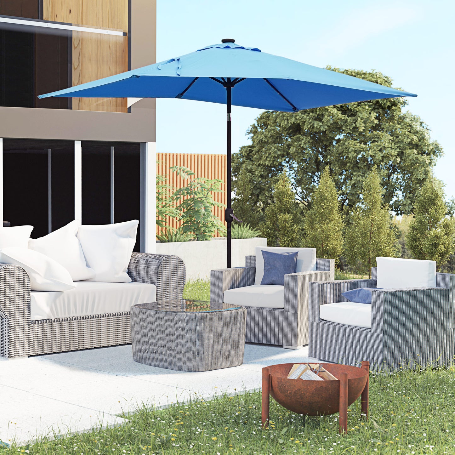 6' x 10' Patio Umbrella with 35 LED Solar Lights and Tilt, Rectangular Outdoor Table Umbrella with Crank, Light Blue - Gallery Canada