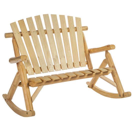 Wooden Adirondack Rocking Chair, Outdoor Rustic Double Rocking Chair with Slatted Design for 2 Persons, Suit for Garden, Balcony, Porch, Natural Wood - Gallery Canada