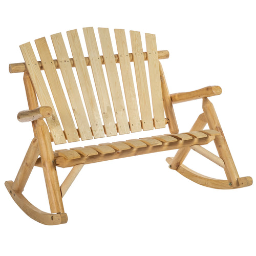 Wooden Adirondack Rocking Chair, Outdoor Rustic Double Rocking Chair with Slatted Design for 2 Persons, Suit for Garden, Balcony, Porch, Natural Wood