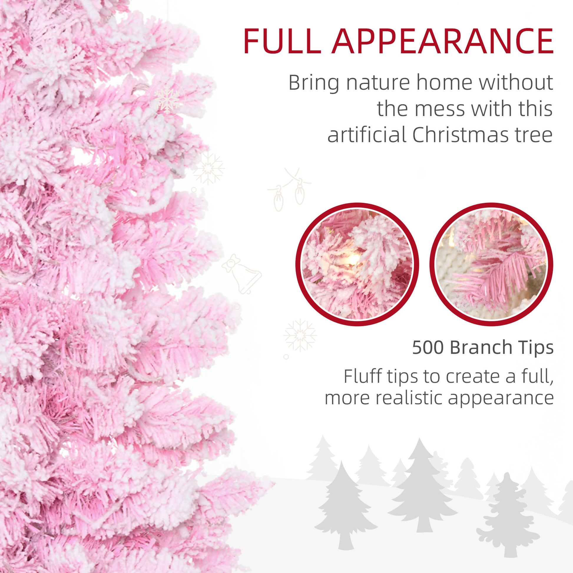 6 Foot Prelit Snow Flocked Artificial Christmas Tree with Pencil Shape, 500 Pine Realistic Branches, Warm White LED lights, Auto Open, Pink and White Pre Lit Christmas Trees   at Gallery Canada