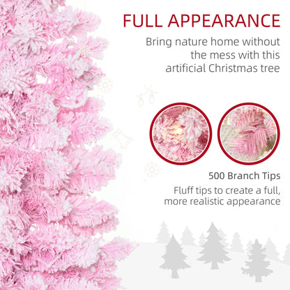 6 Foot Prelit Snow Flocked Artificial Christmas Tree with Pencil Shape, 500 Pine Realistic Branches, Warm White LED lights, Auto Open, Pink and White Pre Lit Christmas Trees   at Gallery Canada