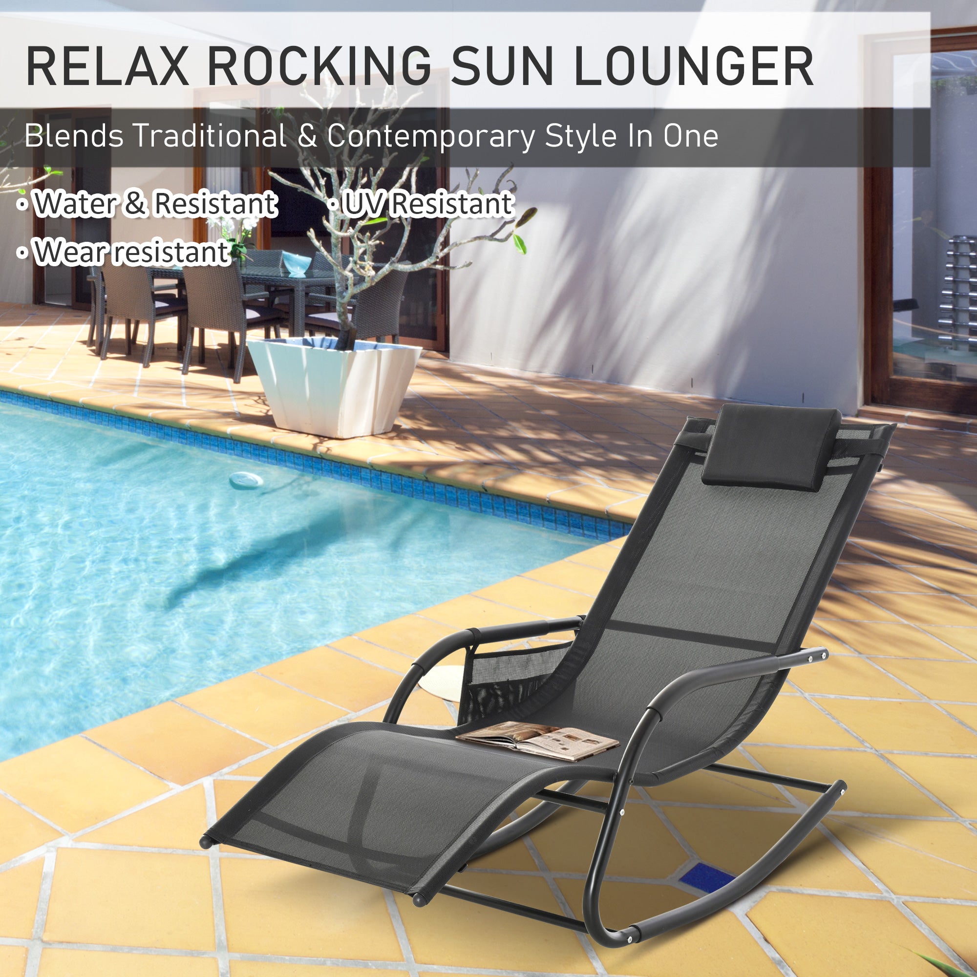 Patio Rocking Chair with Mesh Fabric, Outdoor Rocking Sling Sun Lounger with Removable Headrest and Side Pocket for Garden, Deck, Lawn, Black Outdoor Rocking Chairs   at Gallery Canada