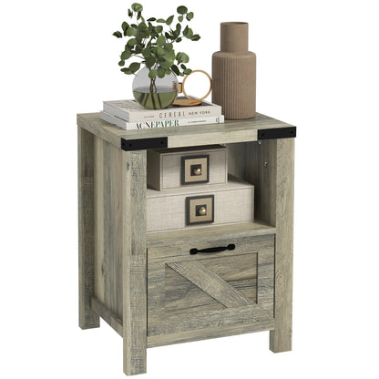 Side Table with Storage, Farmhouse End Table with Drawer, Open Shelf and Barn-style Panel, Accent Table for Living Room, Bedroom, Grey Side Tables Grey  at Gallery Canada