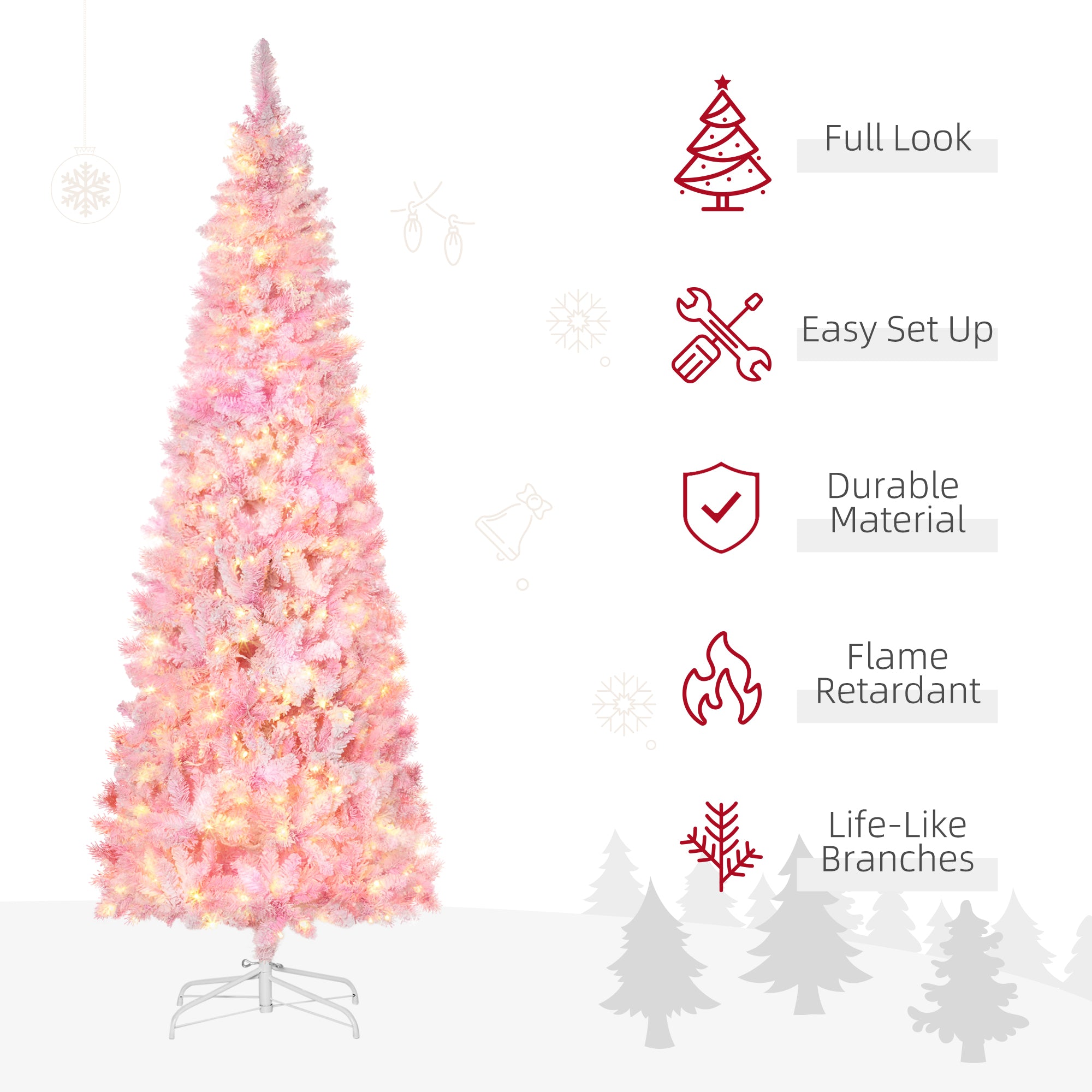 Prelit 7.5 Ft Snow Flocked Pencil Christmas Tree, 700 Branches, LED Lights, Pink Pre Lit Christmas Trees   at Gallery Canada