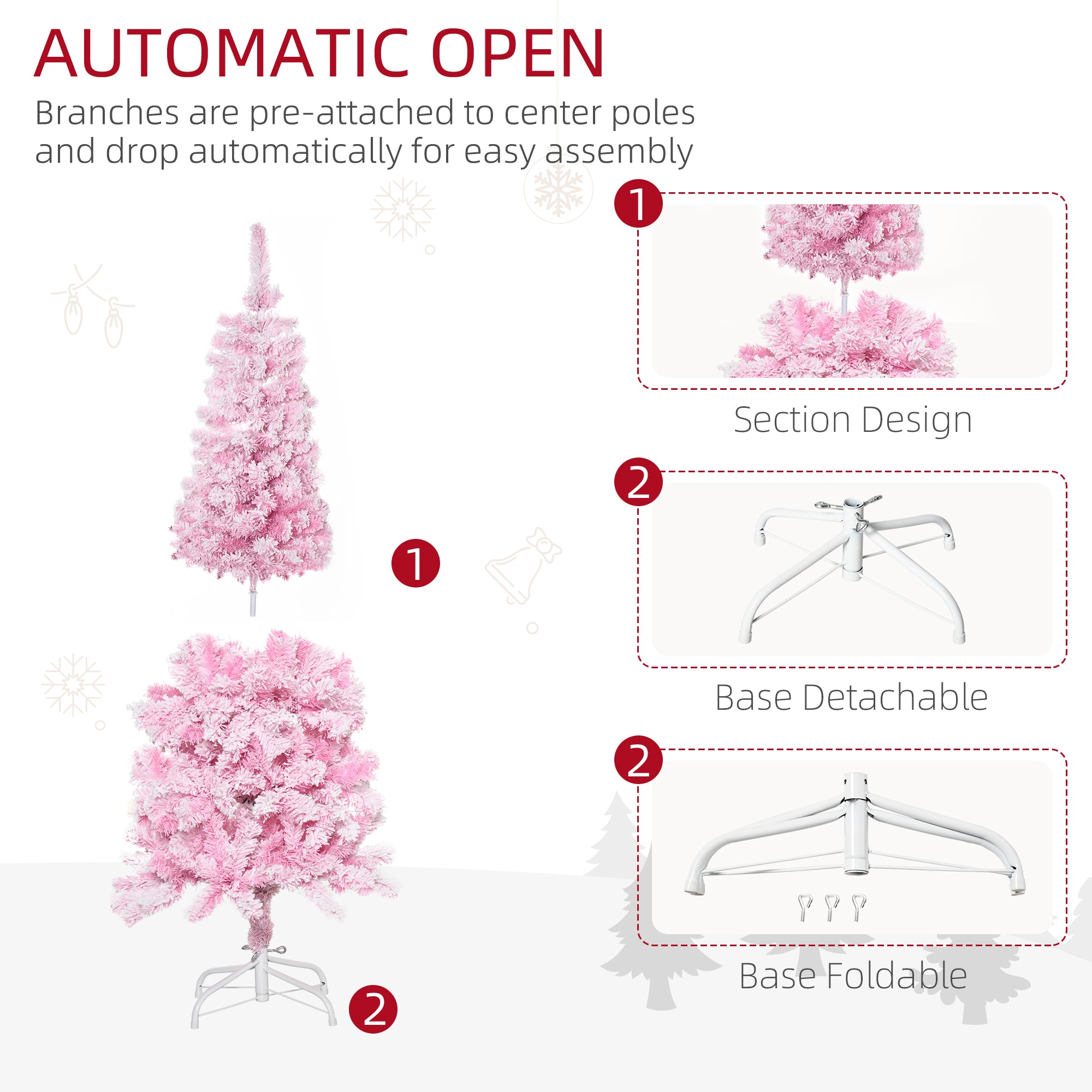 5 FT Snow Flocked Artificial Christmas Tree, Pencil Xmas Tree with Realistic Branches, Auto Open and Steel Base, Pink Artificial Christmas Trees   at Gallery Canada