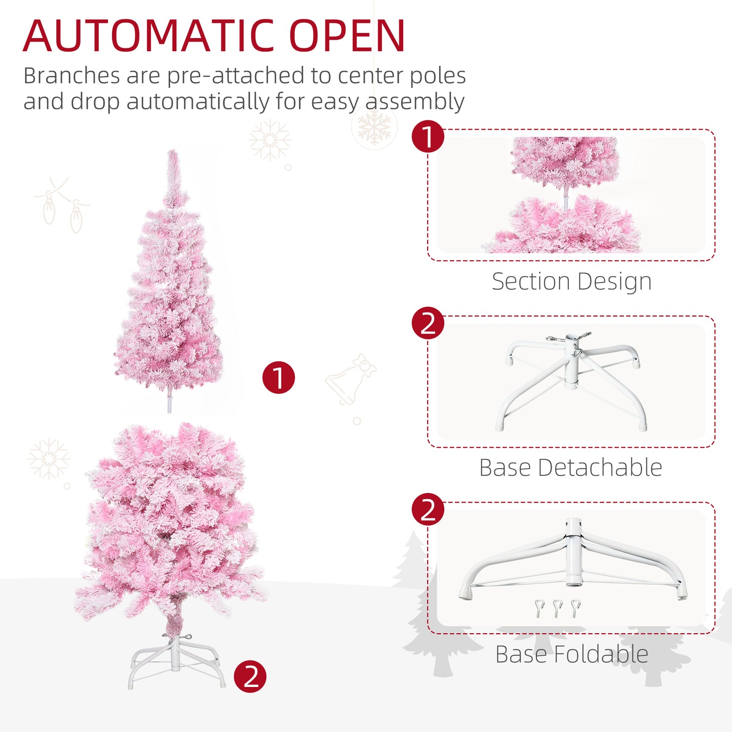 5 FT Snow Flocked Artificial Christmas Tree, Pencil Xmas Tree with Realistic Branches, Auto Open and Steel Base, Pink Artificial Christmas Trees   at Gallery Canada