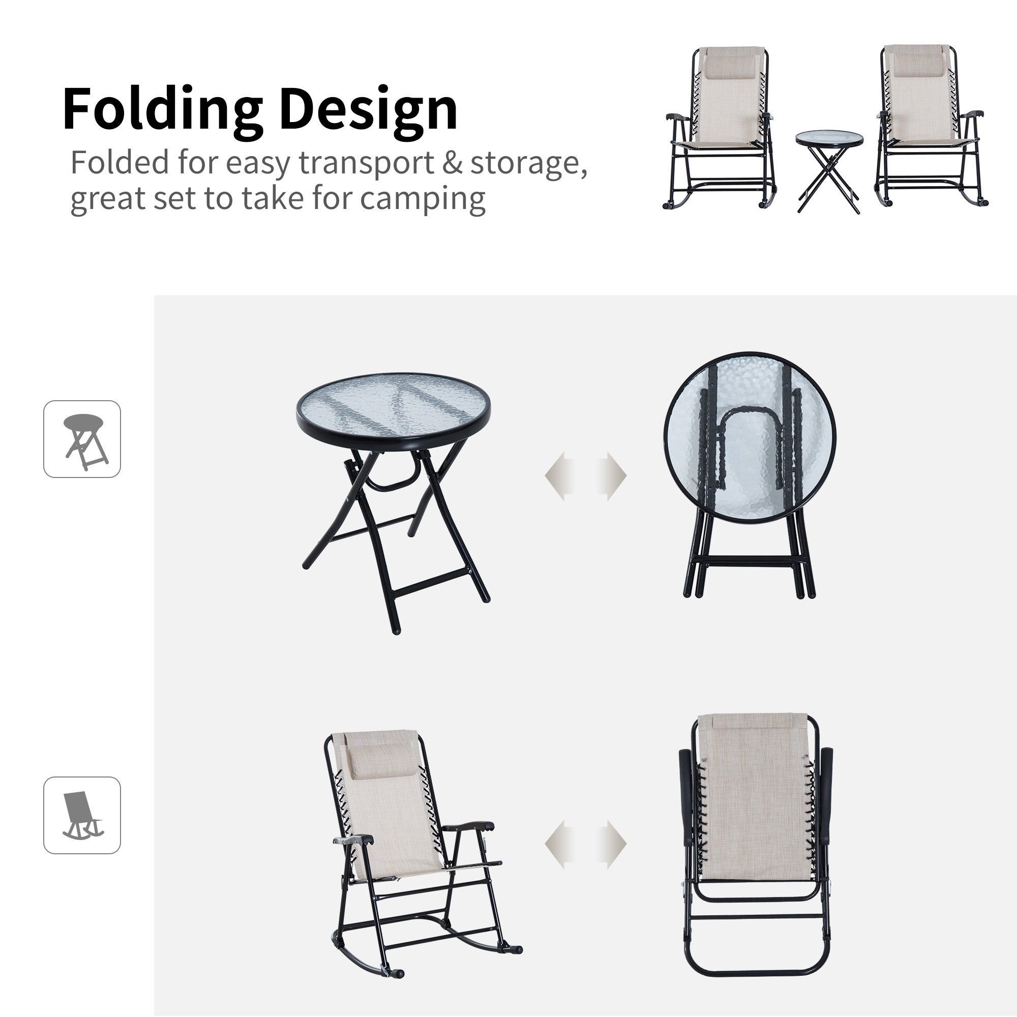 Foldable Patio Rocking Chair Set with Table, Mesh Seat & Headrest, Cream Outdoor Rocking Chairs   at Gallery Canada