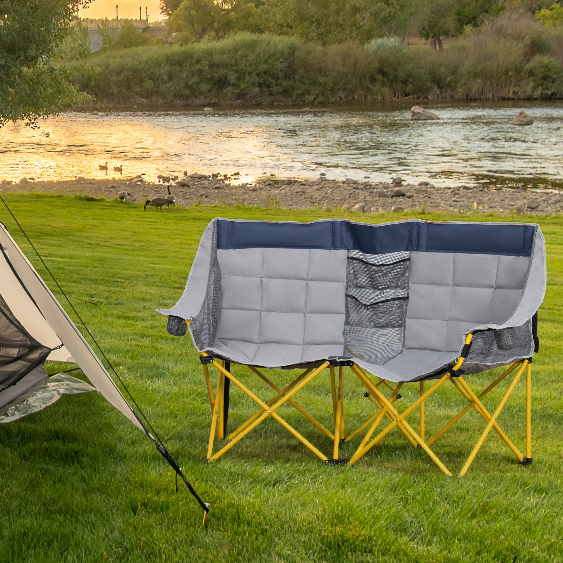 Compact Double Seat Folding Camping Chair with Storage & Cup Holder, Navy Blue Picnic Tables & Camping Chairs   at Gallery Canada