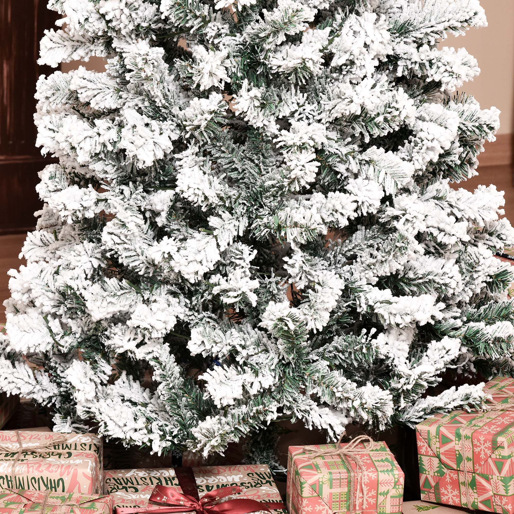 7.5 Feet Christmas Tree Prelit Artificial Snow Flocked with Warm White LED Light, Holiday Home Xmas Decoration, Green White Pre Lit Christmas Trees   at Gallery Canada