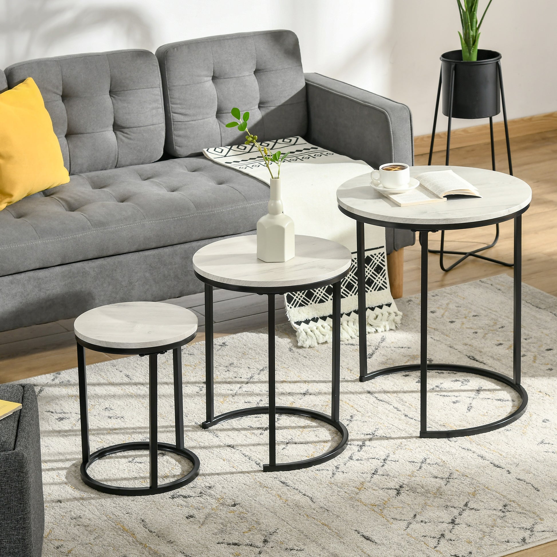 Nesting Tables Set of 3, Round Coffee Table, Modern Stacking Side Tables with Wood Grain Steel Frame for Living Room, Grey Side Tables   at Gallery Canada