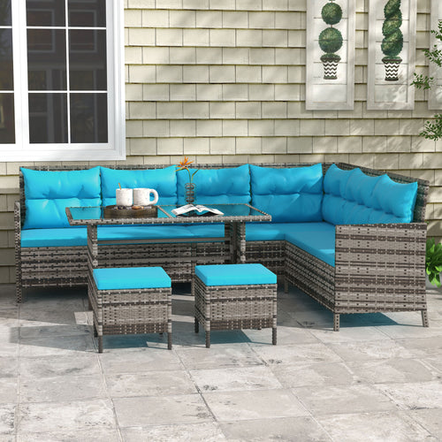 6pcs Outdoor Rattan Sofa Set Garden Wicker Sectional Couch Furniture Set with Dining Table and Chair Sky Blue