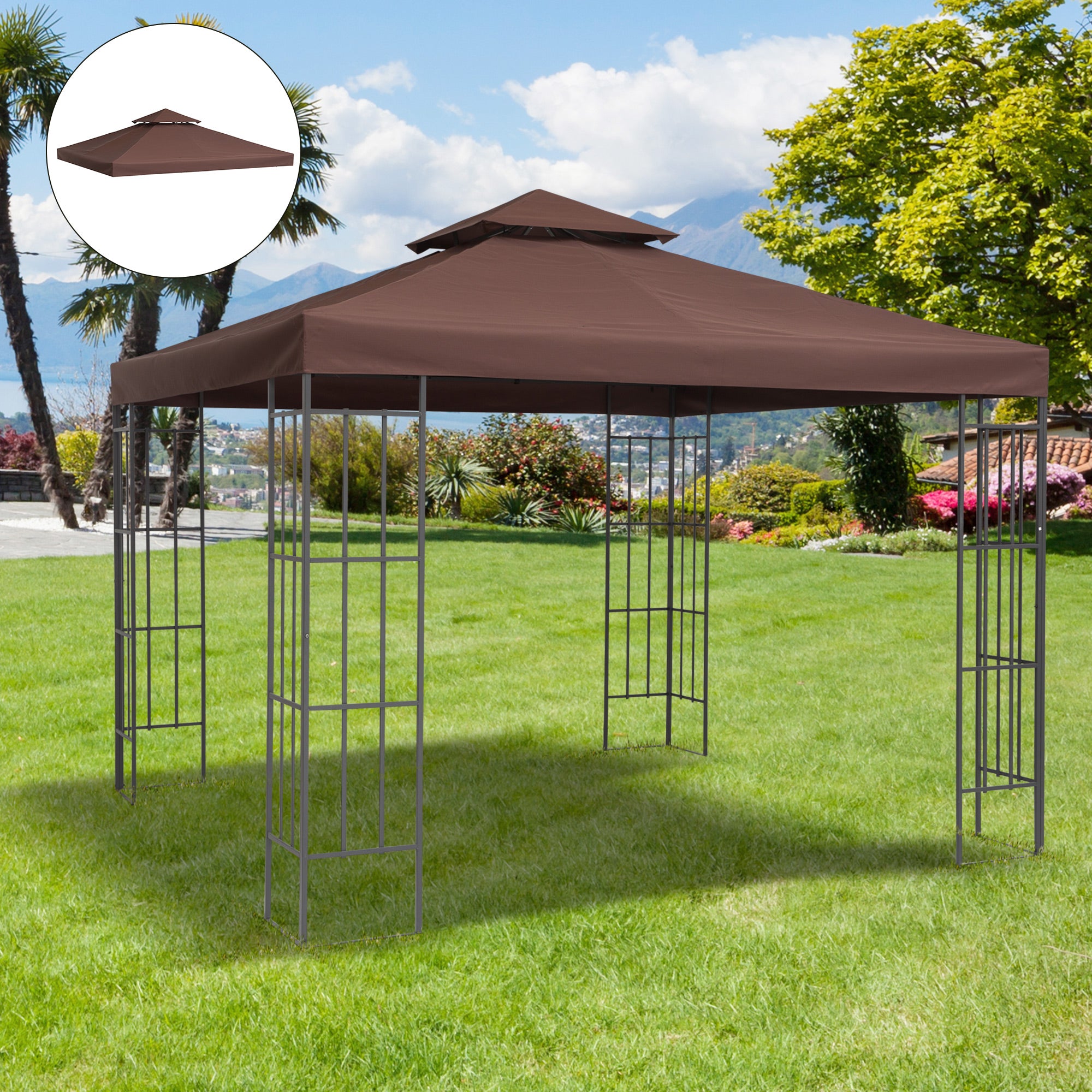 9.8' x 9.8' Square 2-Tier Gazebo Canopy Replacement Top Cover Outdoor Garden Sun Shade, Coffee Gazebo Canopy Replacement   at Gallery Canada