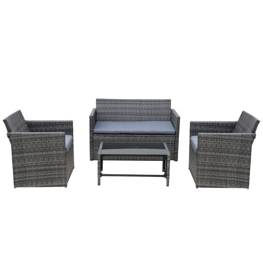 4 Pieces Patio Furniture Set with Cushions, Outdoor PE Rattan Wicker Conversation Garden Sofa Set with 2-Seater Chairs &; Glass Coffee Table, Grey - Gallery Canada