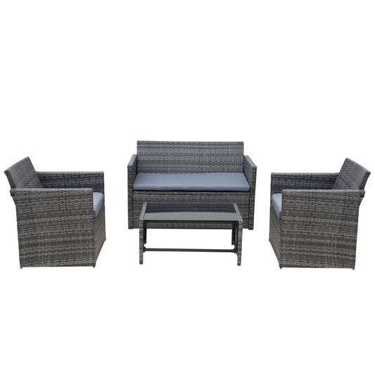 4 Pieces Patio Furniture Set with Cushions, Outdoor PE Rattan Wicker Conversation Garden Sofa Set with 2-Seater Chairs &; Glass Coffee Table, Grey Patio Furniture Sets Multi Colour  at Gallery Canada