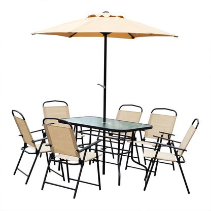 8pc Patio Garden Texteline Dining Set Outdoor Bistro Furniture 6 Folding Chairs with Table and Umbrella Beige Outdoor Dining Sets Multi Colour  at Gallery Canada