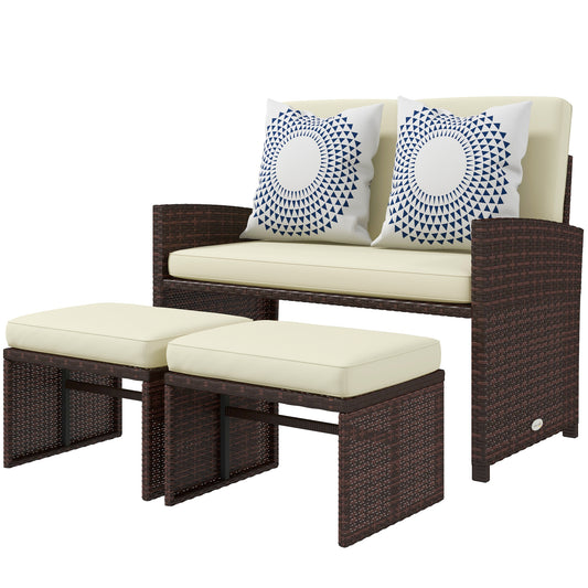 3 Pieces PE Rattan Patio Furniture with Cushions, Outdoor Wicker Conversation Sofa Sets w/ Footstools and Two Pillows, for Poolside, Backyard, Garden, Beige - Gallery Canada
