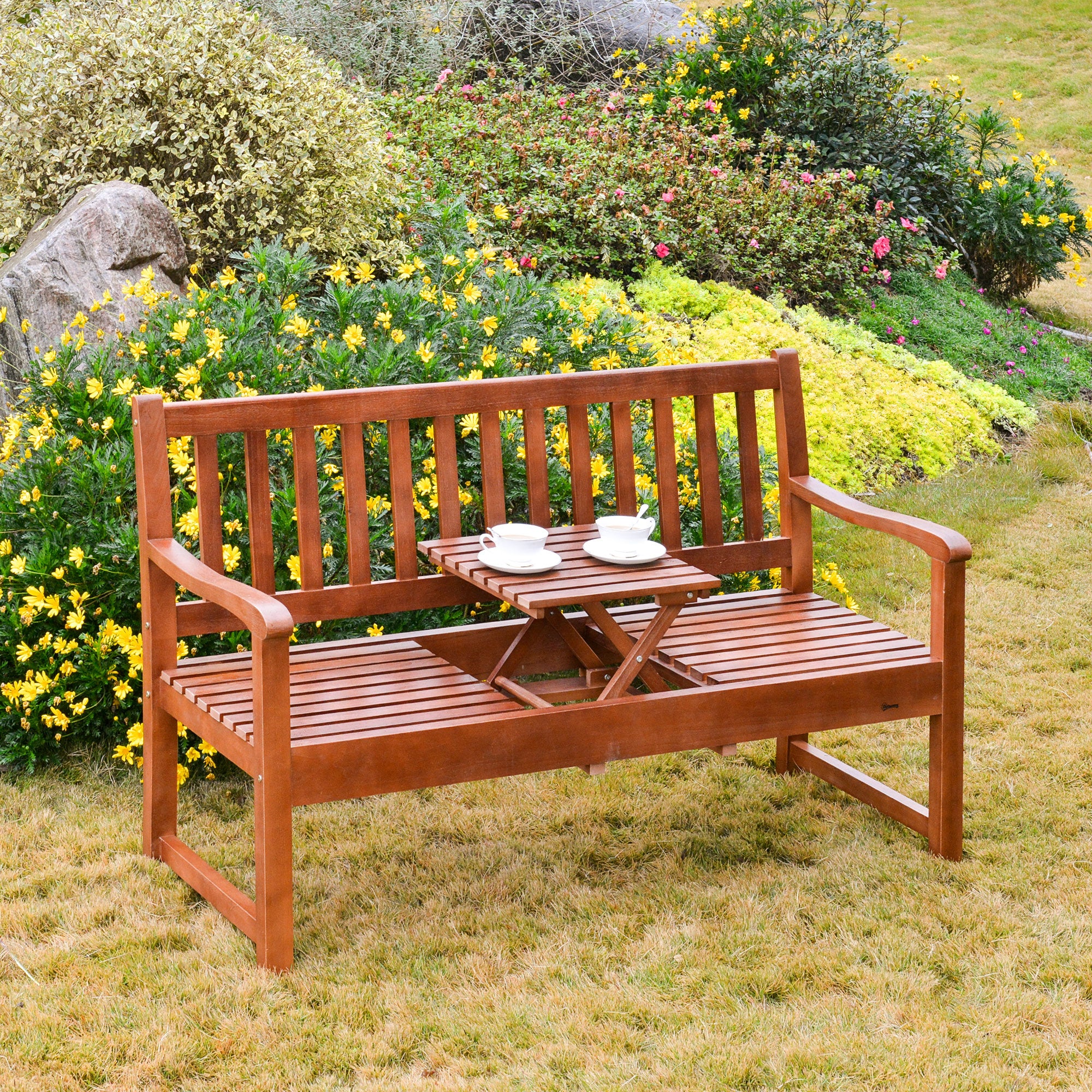 Wooden Garden Bench with Pullout Middle Table, Outdoor Loveseat, Patio Bench for Lawn, Yard, Deck and Backyard, Dark Coffee Patio Chairs   at Gallery Canada