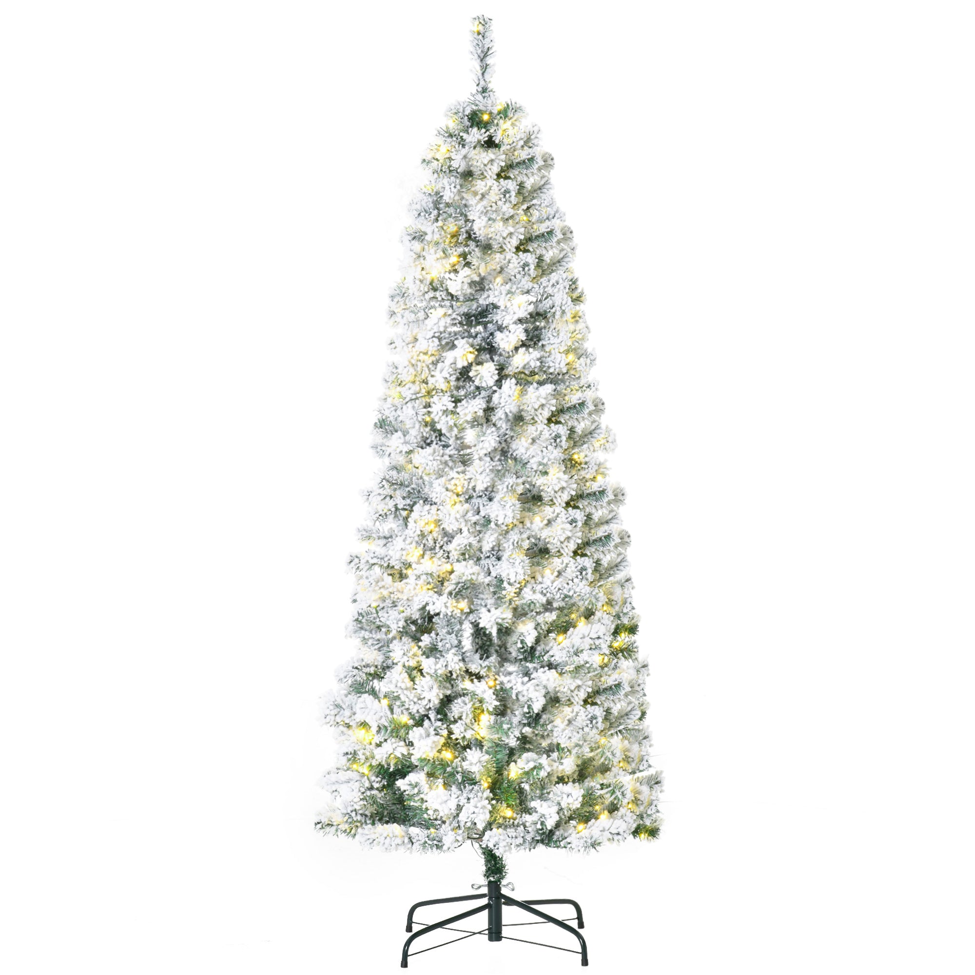 6ft Prelit Artificial Pencil Christmas Tree, Snow Flocked Slim Xmas Tree with Warm White LED Lights - Green Pre Lit Christmas Trees   at Gallery Canada