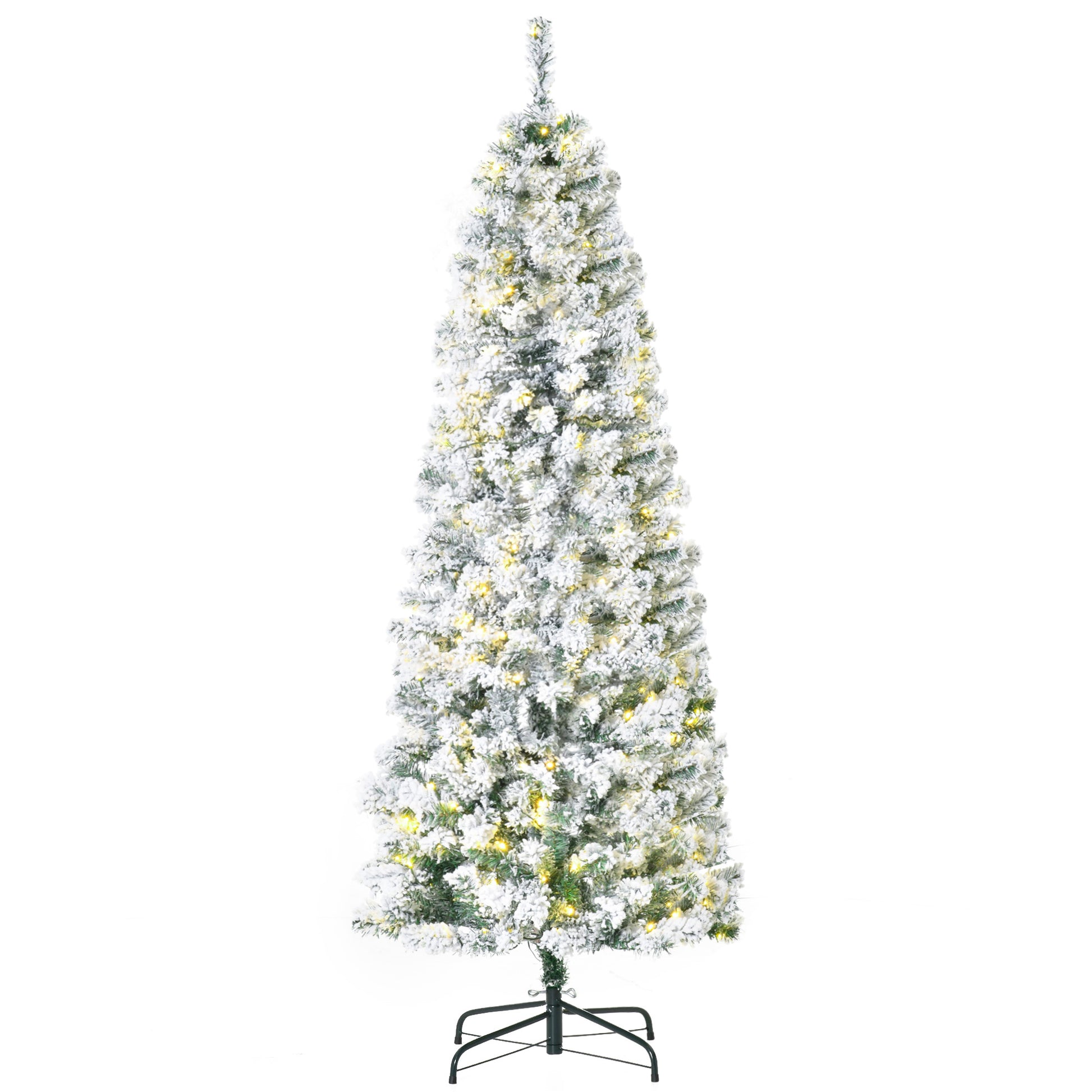 6ft Prelit Artificial Pencil Christmas Tree, Snow Flocked Slim Xmas Tree with Warm White LED Lights - Green Pre Lit Christmas Trees   at Gallery Canada