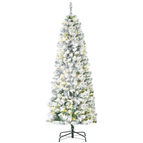 6ft Prelit Artificial Pencil Christmas Tree, Snow Flocked Slim Xmas Tree with Warm White LED Lights - Green