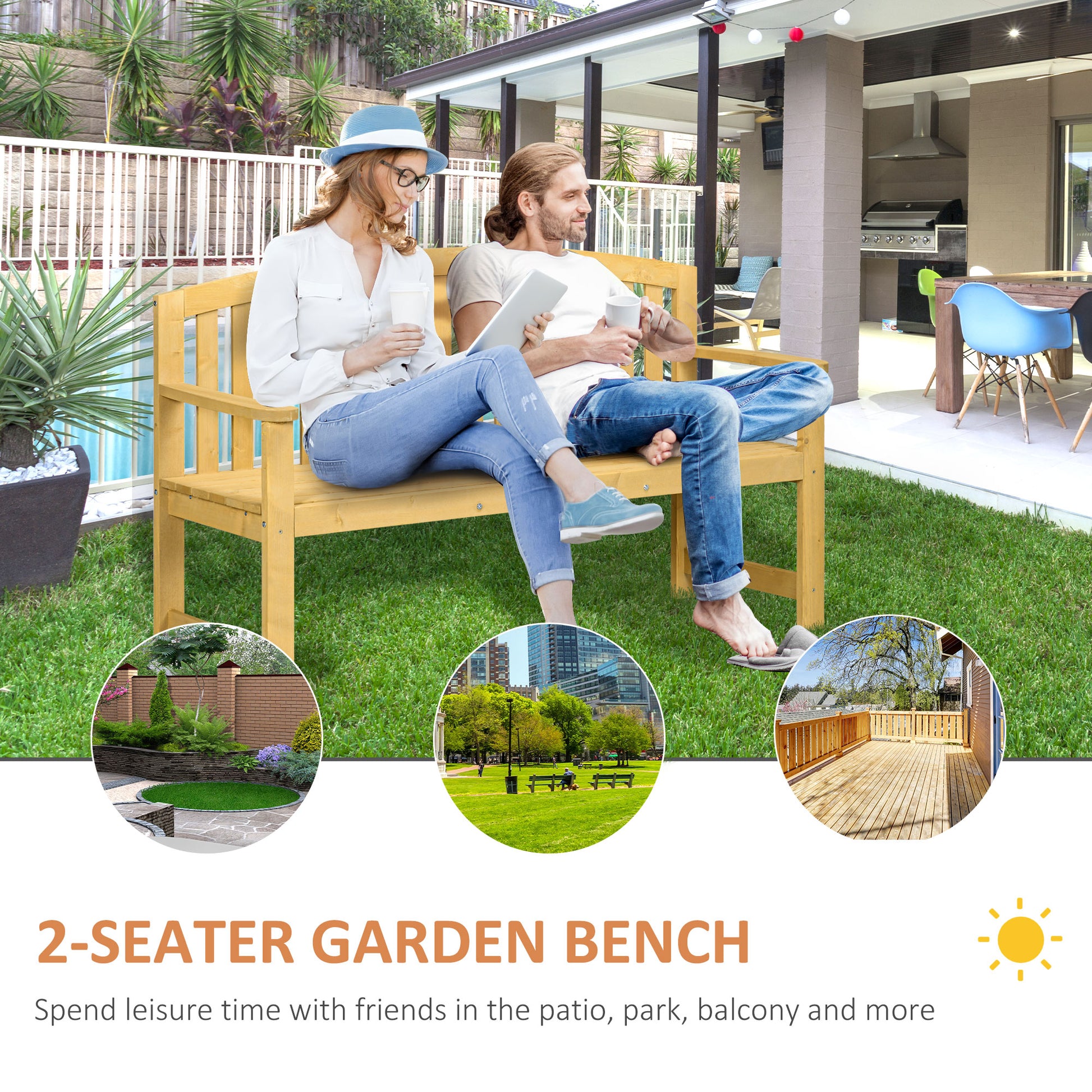 4.7Ft Garden Bench, 2 Seater Outdoor Patio Seat with Slatted Design for Park, Yard, Indoor, Orange Patio Chairs   at Gallery Canada