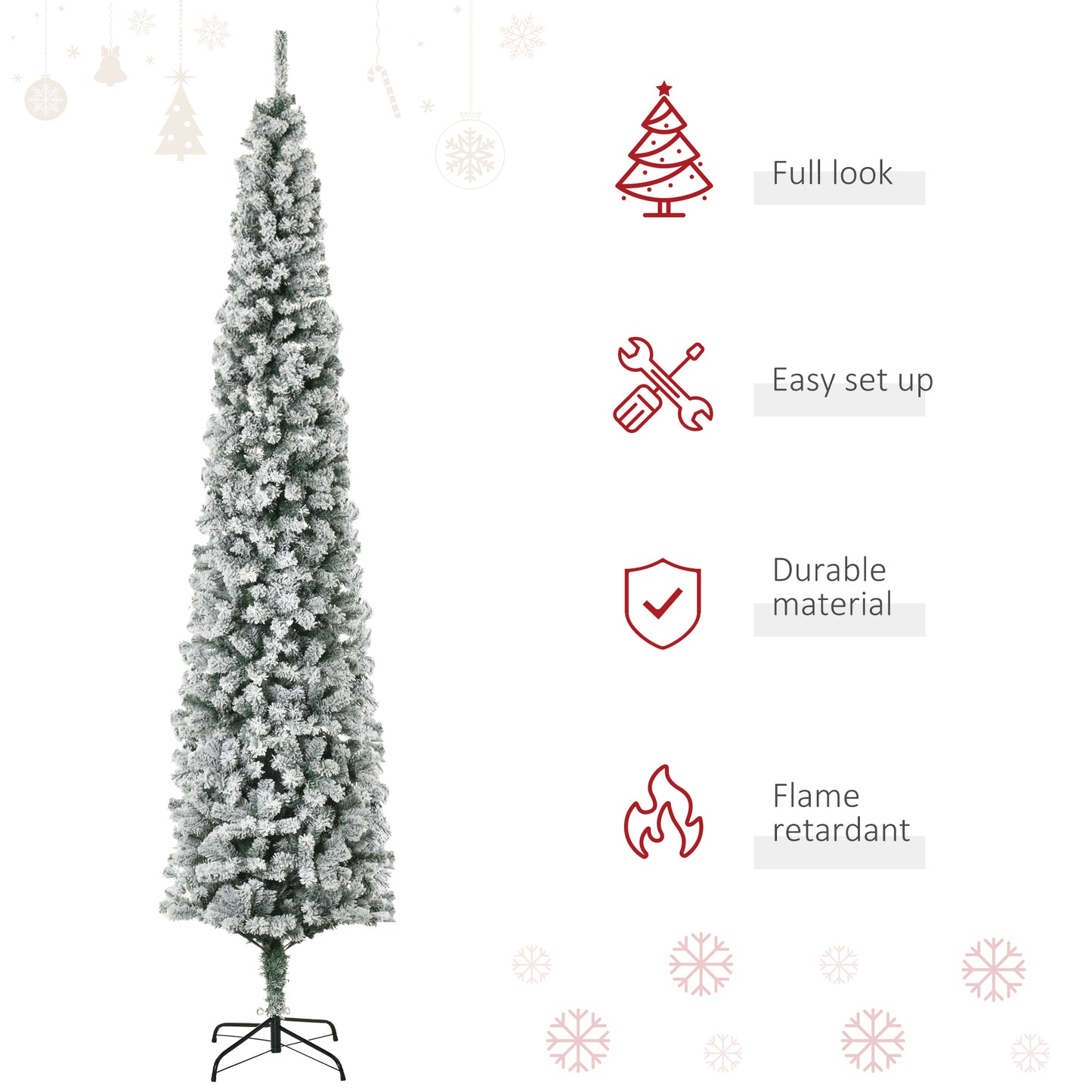 7.5ft Snow Flocked Pencil Christmas Tree Artificial Slim Xmas Tree with Realistic Branch Tips Folding Metal Stand Pencil Christmas Trees   at Gallery Canada