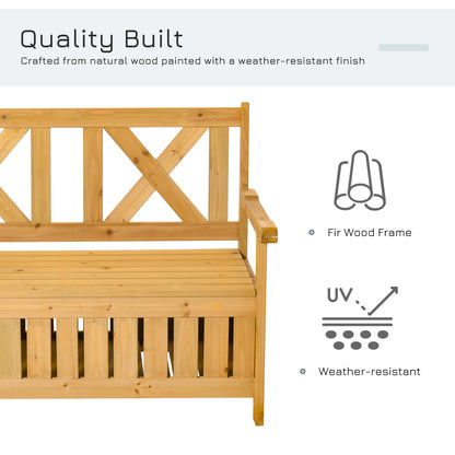 Wooden Outdoor Storage Bench 2-Person Patio Bench with Louvered Side Panels and X-Shape Back for Garden, Patio, Yellow Patio Chairs   at Gallery Canada