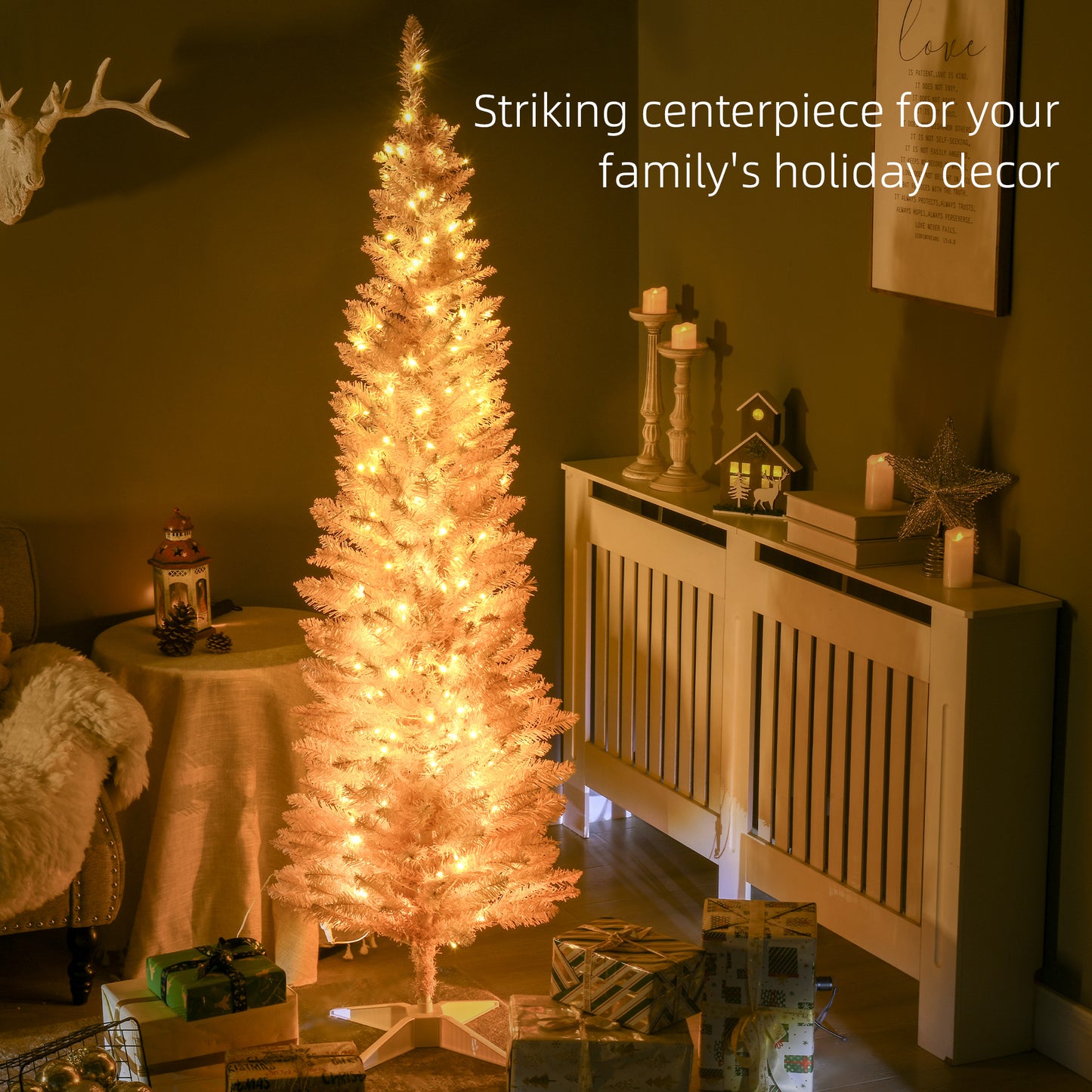 6' Pre Lit Artificial Pencil Christmas Trees, Xmas Tree with Realistic Branches and Warm White LED Lights, Pink Pencil Christmas Trees   at Gallery Canada