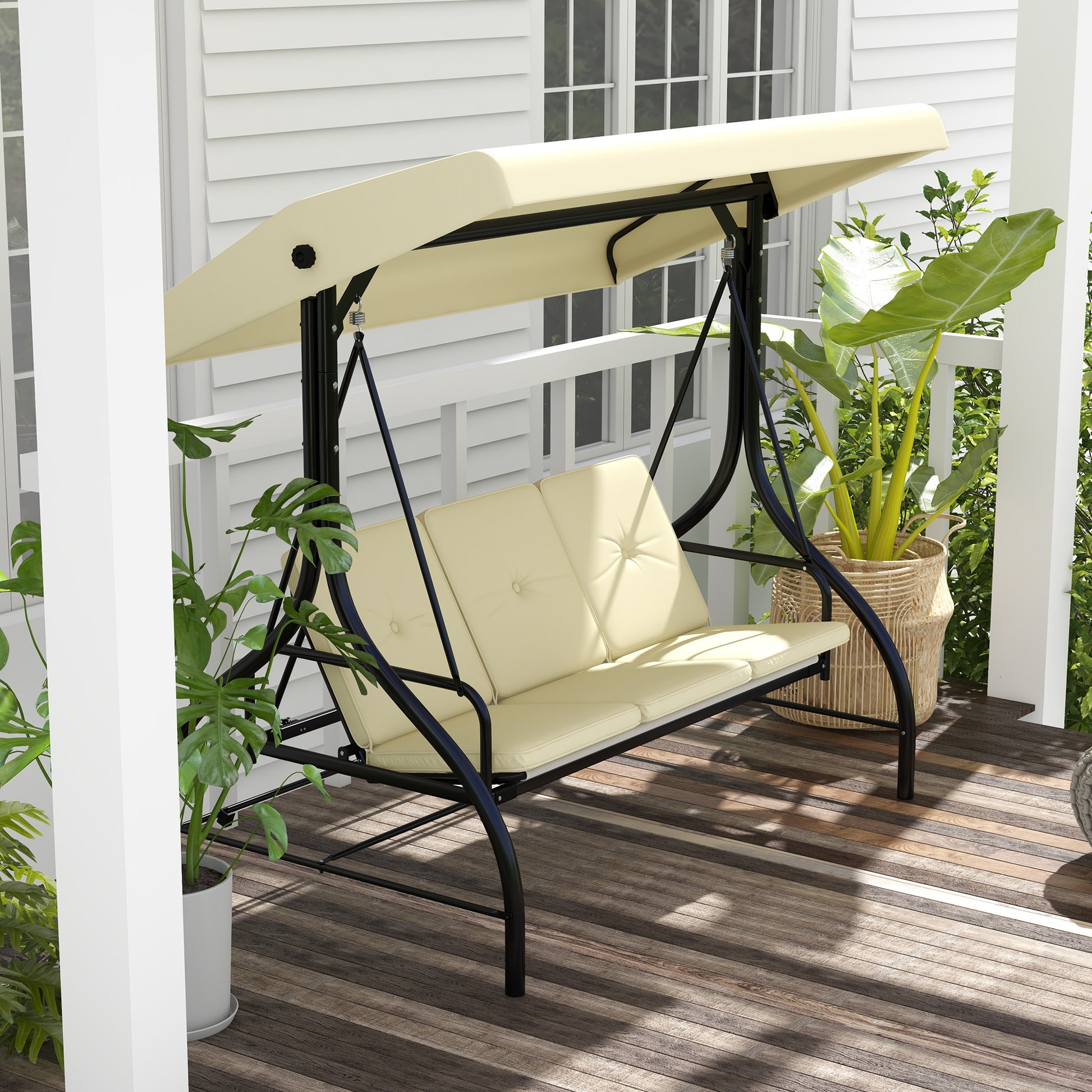 Convertible Patio Swing Bed with Canopy and Cushions, 3 Seater Porch Swing for Outdoor, Backyard, Garden, Beige Porch Swings with Canopy   at Gallery Canada