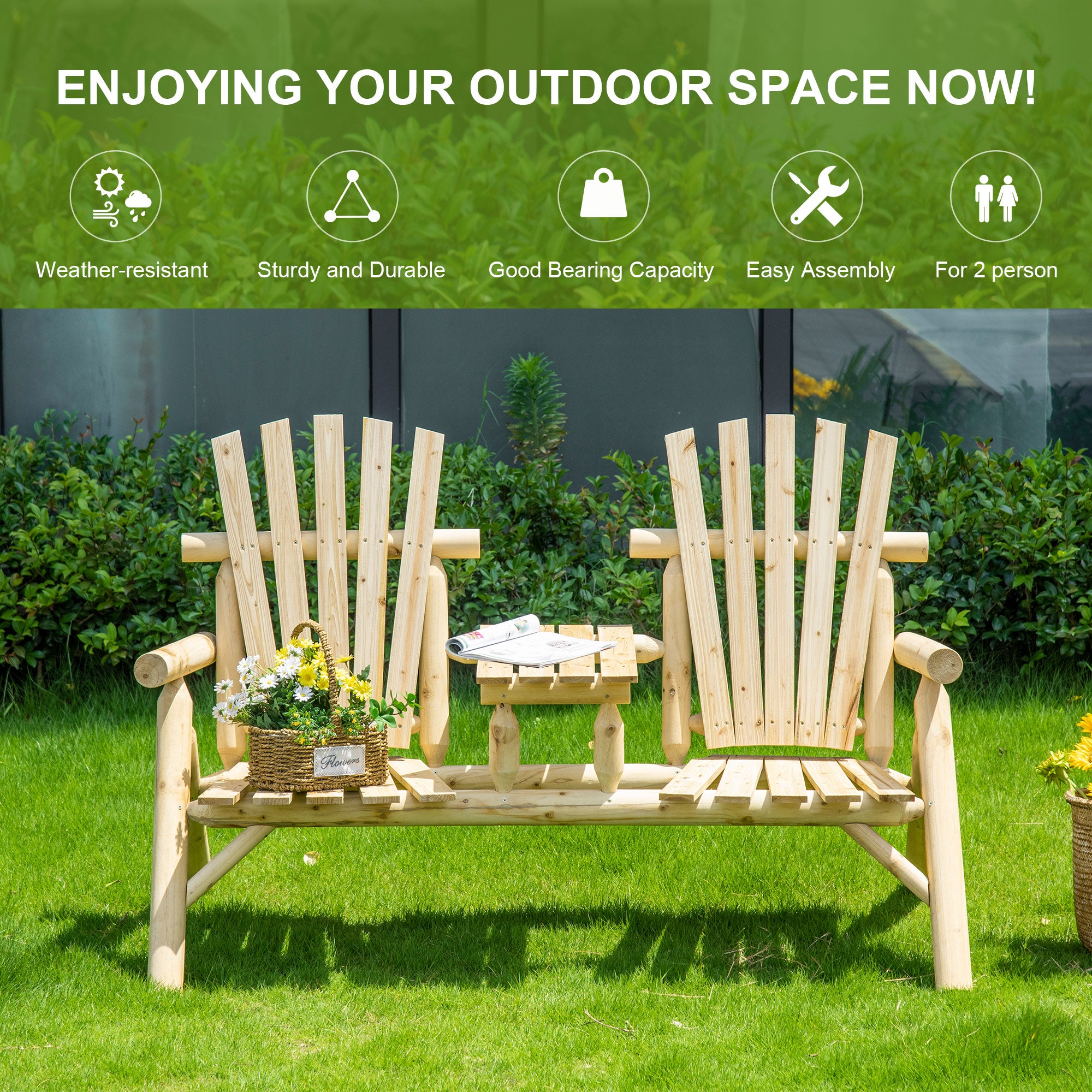 Wood Adirondack Patio Chair Bench with Center Coffee Table, for Lounging and Relaxing Outdoors Natural Outdoor Benches   at Gallery Canada