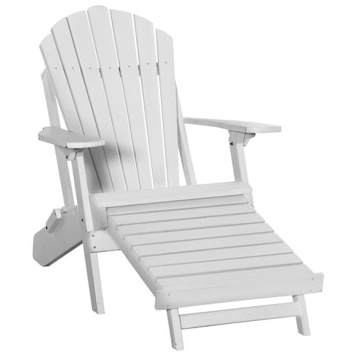 Adirondack Outdoor Patio, Porch, Poolside, Garden, Foldable Lounger Wooden Chair with Ottoman, White