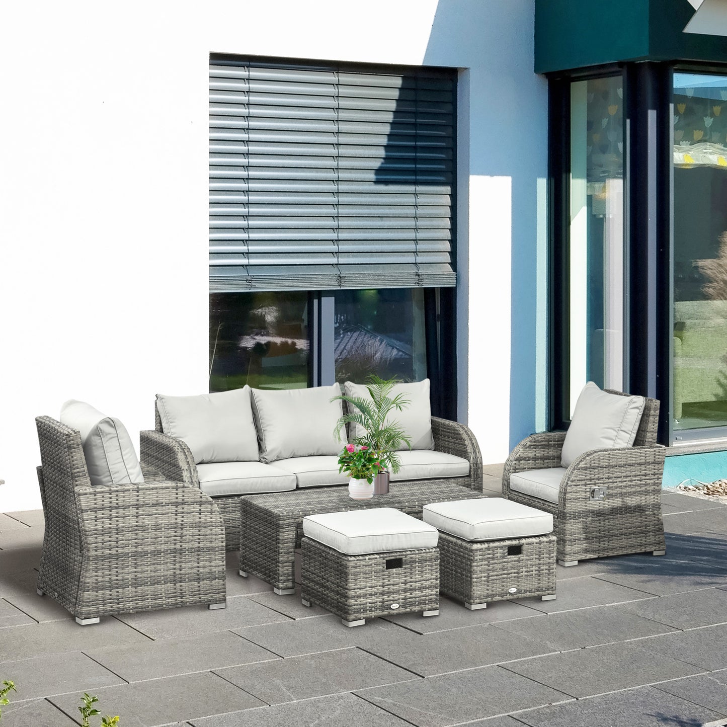 6-Piece Wicker Patio Furniture Set: Sofa, Recliners, Footstools, Table, Light Grey Patio Furniture Sets   at Gallery Canada