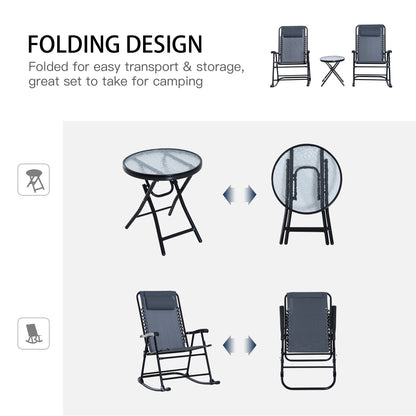 Foldable 3pc Patio Rocking Chair Set with Table, Mesh Seat & Padded Headrest, Grey Outdoor Rocking Chairs   at Gallery Canada