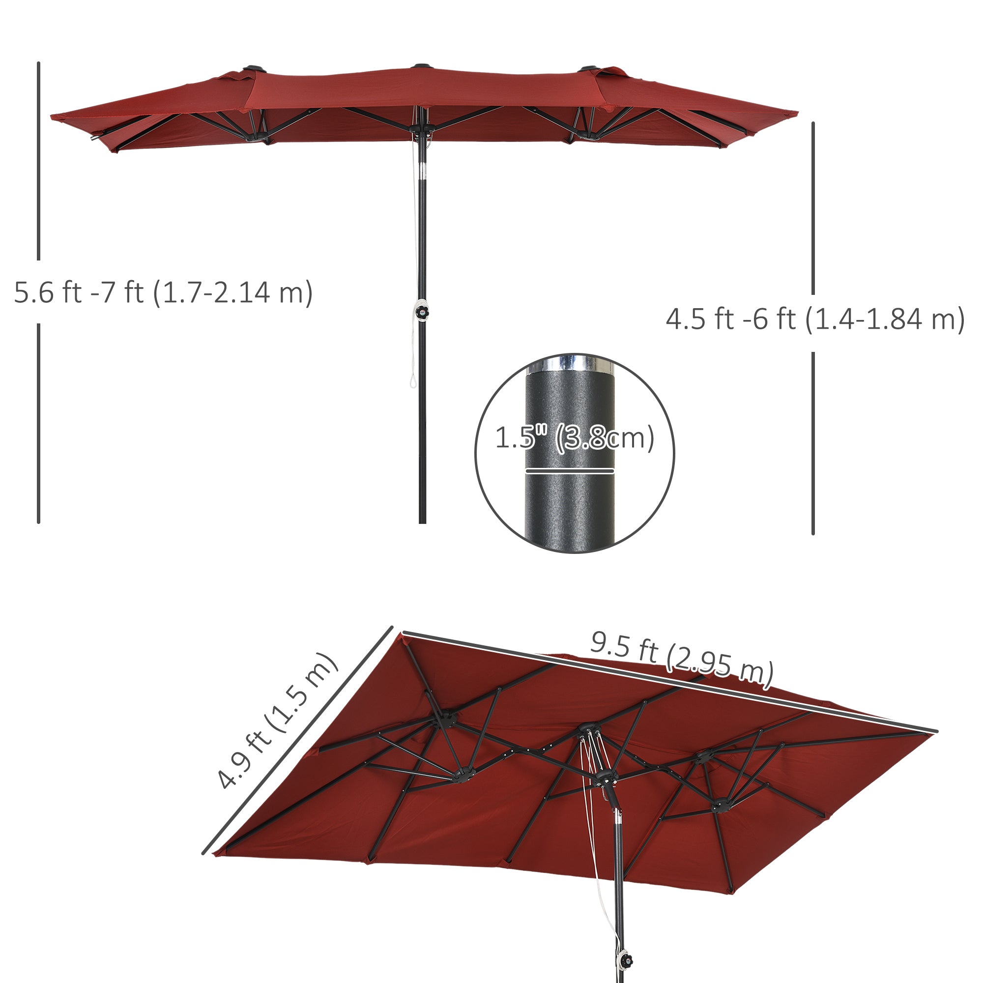 Double-Sided Patio Umbrella Parasol with Tilt, Adjustable Height, Vents and 12 Ribs, for Garden, Deck, Pool, Wine Red Sun Umbrellas   at Gallery Canada