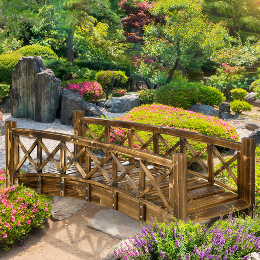 4FT Wooden Garden Bridge, Arc Footbridge with Safety Rails, Outdoor Decorative Landscaping for Pond Backyard Stream, Stained Wood - Gallery Canada