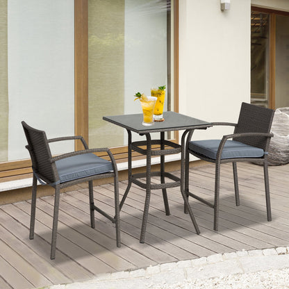 3 Pieces Patio Bar Set Wicker Garden Bistro Set Outdoor Furniture PE Rattan Table and Stools with Seat Cushion, Grey Bistro Sets   at Gallery Canada