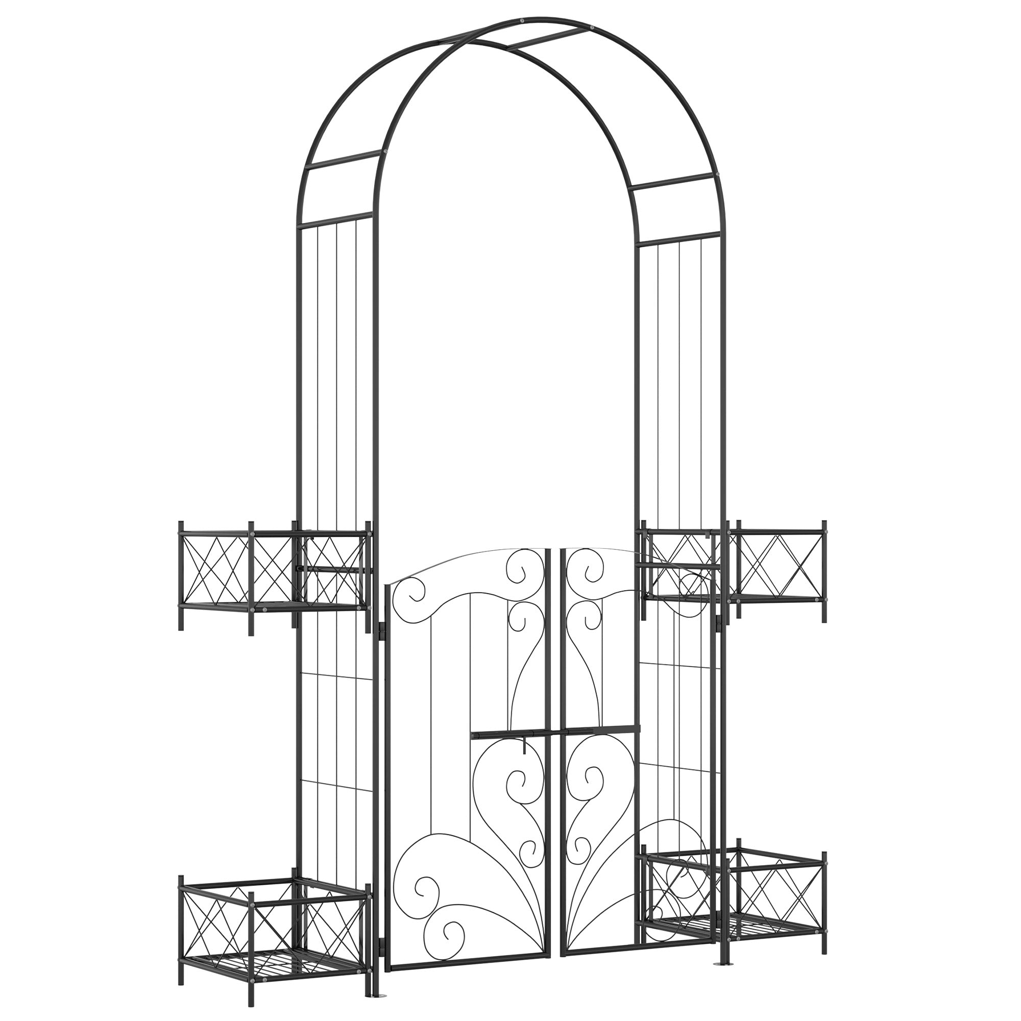 7.1FT Metal Garden Arch with Gate and 4 Planter Boxes, Garden Arbor Trellis for Climbing Plants, Outdoor Wedding, Decoration, Bridal Party, Black Garden Arches Black  at Gallery Canada